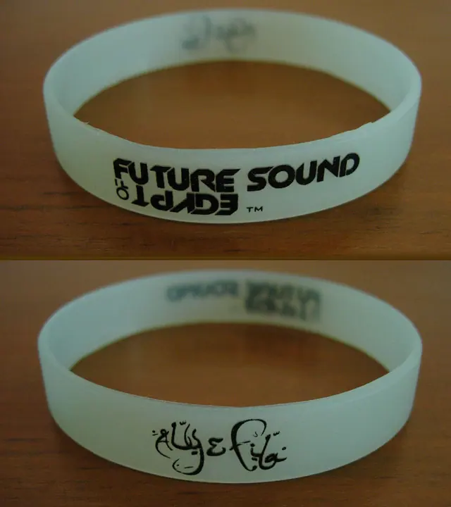 Wristband with logos of radio show Future Sound of Egypt and Egyptian DJs Aly & Fila.