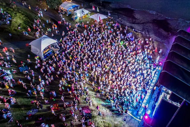 Drone shot aerial photo of Splore main stage crowd from 2016 festival