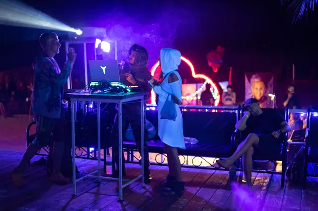 VJ, VJing, video jockey is as important as DJ in modern trance culture. Ashwem, Goa, India.